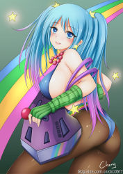 Rule 34 | 1girl, absurdres, adapted costume, alternate costume, arcade sona, ass, bare shoulders, blue eyes, blue hair, blush, breasts, character name, cheng, earrings, covered erect nipples, fingerless gloves, gloves, gradient hair, hair ornament, highres, instrument, jewelry, large breasts, league of legends, leotard, lips, lipstick, long hair, makeup, matching hair/eyes, multicolored hair, necklace, pantyhose, purple hair, rainbow, sideboob, signature, smile, solo, sona (league of legends), star (symbol), twintails, watermark, web address