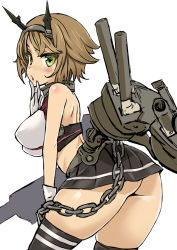 Rule 34 | 10s, 1girl, arched back, asanagi, ass, black thighhighs, blush, brown hair, cannon, colored eyelashes, flat ass, gloves, green eyes, hand to own mouth, headgear, hip focus, kantai collection, leaning forward, looking at viewer, miniskirt, mutsu (kancolle), short hair, sketch, skirt, solo, thighhighs, thighs, turret, white gloves
