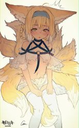 Rule 34 | 1girl, ^^^, absurdres, animal ear fluff, animal ears, arknights, blonde hair, blue hairband, blush, braid, braided hair rings, commentary request, dress, feet out of frame, fox ears, fox girl, fox tail, grscubes, hair between eyes, hair rings, hairband, highres, kitsune, kyuubi, looking at viewer, multiple tails, nose blush, parted lips, signature, sitting, solo, suzuran (arknights), tail, thighhighs, torn clothes, torn dress, twin braids, white dress, white thighhighs, yellow eyes