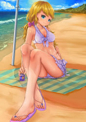 Rule 34 | 1girl, bad id, bad pixiv id, bare legs, beach, bikini, blonde hair, blue eyes, bow, breasts, cleavage, day, fangxiang cuoluan, feet, flip-flops, hair bow, highres, jewelry, long hair, looking at viewer, lotion, medium breasts, necklace, ocean, original, outdoors, ponytail, sandals, sitting, smile, solo, sunscreen, swimsuit, toes, towel, water