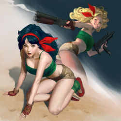 Rule 34 | 2girls, bare shoulders, black hair, blonde hair, blue eyes, blue hair, breasts, brown eyes, cleavage, commentary, crop top, dragon ball, dual persona, dual wielding, dutch angle, fingerless gloves, gloves, green legwear, green shirt, gun, hair ribbon, holding, looking at viewer, looking away, lunch (bad) (dragon ball), lunch (dragon ball), lunch (good) (dragon ball), medium breasts, midriff, multiple girls, open mouth, outdoors, realistic, red ribbon, ribbon, sangsoo jeong, shirt, shoes, short shorts, shorts, shotgun, simple background, smile, smoke, smoking barrel, socks, submachine gun, tank top, weapon