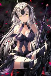 Rule 34 | 1girl, ahoge, armor, armored dress, bare shoulders, black armor, black dress, black thighhighs, blush, breasts, cleavage, collar, collarbone, dress, fate/grand order, fate (series), faulds, fur-trimmed gloves, fur-trimmed legwear, fur trim, gauntlets, gloves, greaves, hair between eyes, headpiece, highres, jeanne d&#039;arc (fate), jeanne d&#039;arc alter (avenger) (fate), jeanne d&#039;arc alter (avenger) (third ascension) (fate), jeanne d&#039;arc alter (fate), large breasts, looking at viewer, metal collar, navel, parted lips, petals, rin yuu, silver hair, sitting, slit pupils, solo, sword, thighhighs, thighs, weapon, yellow eyes