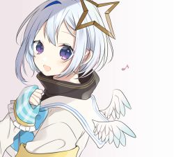 Rule 34 | 1girl, amane kanata, blue hair, blue wings, bob cut, brown background, commentary, detached wings, eighth note, feathered wings, gradient background, gradient wings, hachimitsu honey, halo, hand up, highres, hololive, long sleeves, mini wings, multicolored hair, multicolored wings, musical note, plaid, purple eyes, sailor collar, shirt, silver hair, single hair intake, sleeves past wrists, solo, star halo, symbol-only commentary, two-tone hair, upper body, virtual youtuber, white background, white sailor collar, white shirt, white wings, wings
