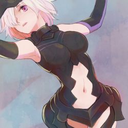 Rule 34 | 1girl, armor, armored dress, breasts, chanosuke, clothing cutout, elbow gloves, fate/grand order, fate (series), gloves, hair over one eye, large breasts, looking at viewer, mash kyrielight, navel, navel cutout, purple eyes, purple hair, short hair, solo