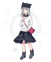 Rule 34 | 1girl, animal hat, bag, black footwear, black hat, black shirt, black skirt, blue eyes, blush, boots, cat hat, closed mouth, collared shirt, commentary request, full body, hair between eyes, hair ornament, hairclip, handbag, hat, long hair, long sleeves, looking at viewer, minamiya mia, original, pleated skirt, revision, shirt, shoulder bag, silver hair, skirt, sleeves past wrists, solo, standing, sweater, white background, white sweater