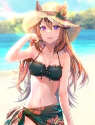 Rule 34 | 1girl, alternate costume, animal ears, aoi (07aoi15), arm at side, bare shoulders, bikini, black bikini, breasts, brown hair, cleavage, commentary request, cowboy shot, day, ears through headwear, floral print, groin, halterneck, hand up, hat, highres, horizon, horse ears, lens flare, long hair, looking at viewer, navel, open mouth, outdoors, purple eyes, sarong, small breasts, smile, solo, straw hat, swimsuit, symboli rudolf (umamusume), tree, umamusume