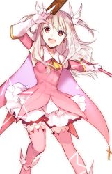 Rule 34 | 1girl, :d, armpits, ascot, bare shoulders, breasts, cape, card, commentary request, cross, detached sleeves, earrings, fate/kaleid liner prisma illya, fate (series), gloves, hair ribbon, illyasviel von einzbern, jewelry, long hair, looking at viewer, magical girl, open mouth, pink thighhighs, prisma illya, red eyes, ribbon, sideboob, silver hair, skirt, small breasts, smile, solo, thighhighs, two side up, wand, white gloves, white ribbon, white skirt, wowishi