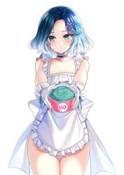 Rule 34 | 1girl, absurdres, apron, bad id, bad twitter id, bare arms, bare shoulders, black choker, blue eyes, blue hair, bow, breasts, choker, cleavage, closed mouth, collarbone, commission, cowboy shot, food, foreshortening, frilled apron, frilled choker, frills, frown, giving, gloves, gradient hair, hair ornament, hairclip, highres, ice cream, looking away, maett, maid apron, multicolored hair, naked apron, original, short hair, solo, standing, star (symbol), star hair ornament, thigh gap, thighs, white apron, white background, white bow, white gloves
