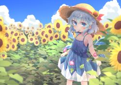 Rule 34 | 1girl, adapted costume, bare arms, bare shoulders, blue dress, blue eyes, blue hair, blue sky, blurry, blush, cirno, cloud, collarbone, day, depth of field, dress, field, flat chest, flower, flower field, food, hat, hat flower, hat ribbon, ice, ice cream, ice wings, kibisake, melting, morning glory, mouth hold, outdoors, red ribbon, ribbon, short hair, skirt hold, sky, sleeveless, sleeveless dress, solo, standing, straw hat, sun hat, sunflower, sunflower field, tanned cirno, touhou, wings