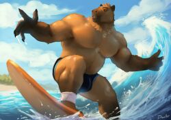 Rule 34 | 1boy, animal ears, bara, beach, belly, bulge, capybara boy, capybara ears, chest tuft, drawller, full body, furry, furry male, highres, large pectorals, looking ahead, male focus, male swimwear, muscular, muscular male, no nipples, ocean, original, pectorals, short hair, standing, surfboard, surfing, swim briefs, thick thighs, thighs, topless male, water