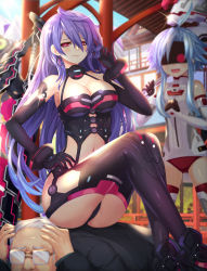 Rule 34 | ahoge, akudaijin, angry, axe, bad id, bad pixiv id, beluga dolphin, blanc (neptunia), blue hair, breasts, bustier, cleavage, dominatrix, earrings, elbow gloves, femdom, glasses, gloves, hair between eyes, highres, human furniture, iris heart, jewelry, kami jigen game neptune v, large breasts, leotard, long hair, looking at viewer, multiple girls, navel, neptune (series), playing with own hair, power symbol, power symbol-shaped pupils, purple hair, pururut, red eyes, sharp teeth, short hair with long locks, sidelocks, sitting, sitting on person, small breasts, smile, sword, symbol-shaped pupils, teeth, thighhighs, very long hair, weapon, white hair, white heart (neptunia)