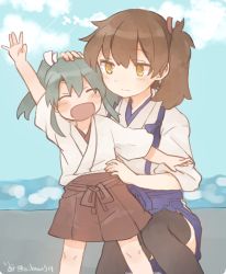 Rule 34 | 10s, 2girls, blush, brown eyes, brown hair, commentary request, day, closed eyes, green hair, hand on another&#039;s head, hand on another&#039;s hip, ina (1813576), japanese clothes, kaga (kancolle), kantai collection, multiple girls, open mouth, outdoors, outstretched arm, side ponytail, smile, squatting, thighhighs, twintails, twitter username, aged down, zuikaku (kancolle)