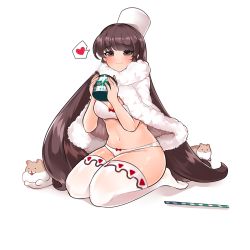 Rule 34 | 1girl, animal, bow, bow bra, bow panties, bra, breasts, brown eyes, brown hair, cloak, closed mouth, cocoa cookie, cookie run, cup, dot nose, drinking straw, full body, fur cloak, hat, heart, highres, holding, korean commentary, legs folded, long hair, looking at viewer, mindoll, mug, navel, panties, seiza, simple background, sitting, smile, solo, speech bubble, thighhighs, thighs, underwear, very long hair, white background, white bra, white panties, white thighhighs