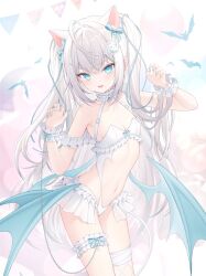 Rule 34 | 1girl, absurdres, ahoge, animal ears, artist request, bare shoulders, bat (animal), bat wings, blue eyes, blue nails, blush, bow, breasts, cleavage, copyright request, eyebrows hidden by hair, fishnet thighhighs, fishnets, hair bow, highres, long hair, looking at viewer, nail polish, navel, open mouth, petr petrichor, ribbon, single thighhigh, small breasts, thigh strap, thighhighs, twintails, virtual youtuber, white background, wings