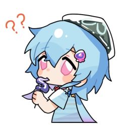 Rule 34 | 1boy, ?, ??, arknights, beret, blue hair, blush stickers, chibi, cropped torso, eating, food, from side, grey hat, hair between eyes, hair ornament, hat, holding, holding food, looking at viewer, looking to the side, male focus, marchrin, mizuki (arknights), mizuki (summer feast) (arknights), pink eyes, shirt, short sleeves, simple background, solo, striped clothes, striped shirt, tentacles, upper body, white background