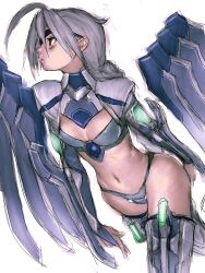 Rule 34 | 1girl, ahoge, arc system works, armor, blazblue, eyepatch, flat chest, fumio (rsqkr), grey hair, navel, nu-13, red eyes, sketch, solo, wings