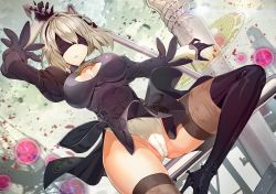 Rule 34 | 1girl, bad id, bad pixiv id, black dress, black footwear, black gloves, black hairband, black ribbon, black thighhighs, blindfold, boots, breasts, brown thighhighs, cameltoe, cleavage cutout, closed mouth, clothing cutout, cloud, cloudy sky, covered eyes, covered navel, cowboy shot, day, dress, energy ball, gloves, gluteal fold, greatsword, hair over eyes, hairband, high heel boots, high heels, highleg, highleg leotard, holding, holding sword, holding weapon, huge weapon, juliet sleeves, katana, large breasts, leg up, legs apart, leotard, long sleeves, looking at viewer, mole, mole under mouth, naeun (pinky1866), nier (series), nier:automata, partially visible vulva, puffy long sleeves, puffy sleeves, ribbon, shards, short hair, side slit, silver hair, sky, solo, sword, thigh boots, thighhighs, turtleneck, unsheathed, vambraces, weapon, weapon on back, white leotard, white thighhighs, 2b (nier:automata)