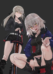 Rule 34 | 2girls, :d, absurdres, ahoge, artoria pendragon (all), artoria pendragon (fate), belt, between legs, black background, black dress, black footwear, black jacket, black panties, blonde hair, blue jacket, blush, boots, breasts, cameltoe, cigarette, cleavage, closed mouth, collarbone, dress, excalibur morgan (fate), fang, fate/grand order, fate (series), from below, fur-trimmed sleeves, fur trim, hand between legs, highres, holding, holding sword, holding weapon, jacket, jeanne d&#039;arc (fate), jeanne d&#039;arc (ruler) (fate), jeanne d&#039;arc alter (fate), jeanne d&#039;arc alter (ver. shinjuku 1999) (fate), jewelry, knee boots, legs apart, long hair, long sleeves, looking at viewer, looking down, low ponytail, medium breasts, multiple girls, necklace, official alternate costume, open clothes, open jacket, open mouth, outstretched hand, panties, pantyshot, pendant, planted, planted sword, planted weapon, reaching, reaching towards viewer, saber (fate), saber alter, short dress, silver hair, simple background, smile, squatting, ssamjang (misosan), standing, standing on one leg, sword, thighs, underwear, weapon, yellow eyes