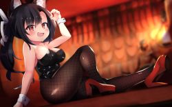 Rule 34 | 1girl, absurdres, akiba monaka, animal ears, arm support, azur lane, bare arms, bare shoulders, black hair, black leotard, blurry, blurry background, blush, breasts, bright pupils, brown pantyhose, cleavage, collarbone, commentary request, dutch angle, fang, fishnet pantyhose, fishnets, furrowed brow, high heels, highres, knee up, legs, leotard, long hair, looking at viewer, open mouth, pantyhose, red eyes, red footwear, shigure (azur lane), shiny clothes, skin tight, solo, strapless, strapless leotard, white pupils, wolf ears, wolf girl, wrist cuffs