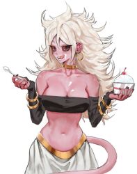 1girl android_21 bandeau black_bandeau black_nails black_sclera bracelet breasts cleavage colored_sclera colored_skin detached_sleeves dragon_ball dragon_ball_fighterz earrings food food_on_face harem_pants highres holding holding_spoon hoop_earrings ice_cream jewelry large_breasts licking looking_to_the_side majin_android_21 midriff navel neck_ribbon nnsee_d pants pink_skin pointy_ears red_eyes ribbon solo spoon tail upper_body white_hair white_pants