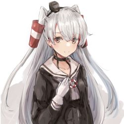Rule 34 | 1girl, amatsukaze (kancolle), aruka, black dress, breasts, brown eyes, closed mouth, dress, gloves, grey neckerchief, hair between eyes, hair tubes, hand on own chest, kantai collection, long hair, looking at viewer, neckerchief, sailor collar, sailor dress, simple background, small breasts, solo, two side up, upper body, very long hair, white gloves, white sailor collar