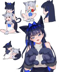 Rule 34 | :3, absurdres, animal hands, bare shoulders, blue eyes, boros (ouro kronii), bow, cat girl, cat paws, dress, fang, hair intakes, highres, hololive, hololive english, koizumi arata, medium hair, mr. squeaks (hakos baelz), ouro kronii, personification, pointy ears, skin fang, snake tail, tail, trap, virtual youtuber, white dress