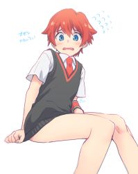 Rule 34 | 10s, 1boy, blue eyes, blush, bottomless, flying sweatdrops, gridman universe, hibiki yuuta, inuzumi, knees together feet apart, male focus, necktie, open mouth, red hair, red necktie, short sleeves, simple background, sitting, solo, ssss.gridman, sweater vest, white background, wristband