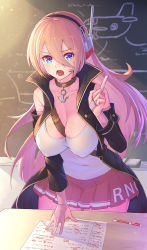 Rule 34 | 1girl, anchor, azur lane, between breasts, black hairband, black vest, blue eyes, blush, breasts, chalkboard, cleavage, clothes writing, collarbone, covered navel, detached sleeves, gloves, hair between eyes, hairband, headset, highres, index finger raised, indoors, jewelry, large breasts, long hair, long sleeves, looking at viewer, miniskirt, open clothes, open mouth, open vest, orange hair, paper, partially fingerless gloves, pencil, pendant, pink hair, pink skirt, pleated skirt, ranger (azur lane), shirt, skirt, solo, standing, strap between breasts, sweat, takamine nadare, academic test, very long hair, vest, white gloves, white shirt
