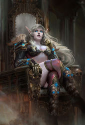 Rule 34 | 1girl, armor, bikini armor, blue eyes, boots, breasts, clayscence, cleavage, fantasy, gauntlets, glowing, glowing eyes, medium breasts, original, pointy ears, solid eyes, solo, thigh boots, thighhighs, throne, warcraft, world of warcraft
