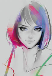 Rule 34 | 1girl, colorful, commentary, english commentary, eyeshadow, face, grey background, looking at viewer, makeup, md5 mismatch, monochrome, original, realistic, revision, simple background, solo, takenaka, watermark