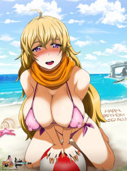 Rule 34 | 1girl, barefoot, beach, bikini, bird, blonde hair, blush, breasts, cleavage, cyberunique, english text, covered erect nipples, highres, kneeling, large breasts, micro bikini, nipples, ocean, open mouth, pointy breasts, puffy nipples, rwby, seagull, smile, solo, swimsuit, tongue, yang xiao long