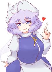 Rule 34 | 1girl, apron, blue eyes, commentary request, hat, heart, hensheru, highres, indoors, juliet sleeves, lapel pin, letty whiterock, long sleeves, puffy sleeves, purple hair, short hair, simple background, solo, touhou, upper body, waist apron, white apron, white background, white hat