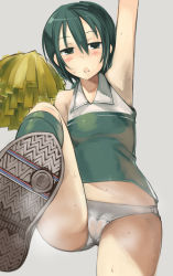 Rule 34 | 00s, 1girl, arm up, armpits, blush, bored, cameltoe, cheerleader, female focus, green eyes, green hair, kino (kino no tabi), kino no tabi, leg lift, leg up, looking at viewer, matching hair/eyes, open mouth, panties, pom pom (cheerleading), shoes, short hair, simple background, sneakers, solo, standing, steam, sweat, tomboy, underwear, white background, yugami gooshu