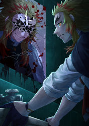 Rule 34 | 1boy, bathroom, black gloves, blonde hair, broken mirror, closed mouth, different reflection, from below, frown, gloves, half gloves, highres, indoors, kimetsu no yaiba, long hair, looking to the side, mirror, multicolored hair, necktie, red hair, red necktie, reflection, remsor076, rengoku kyoujurou, shattered, shirt, sleeves rolled up, smile, twitter username, two-tone hair, watch, white shirt, wristwatch, yellow eyes