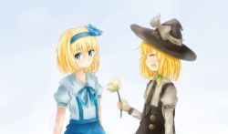 Rule 34 | adapted costume, alice margatroid, alice margatroid (pc-98), blonde hair, blue eyes, couple, closed eyes, fang, flower, fusei, hair ribbon, hat, kirisame marisa, necktie, open mouth, ribbon, smile, touhou, touhou (pc-98), witch hat, yuri