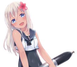 Rule 34 | 10s, 1girl, :d, blonde hair, blue eyes, crop top, flower, fuji fujino, hair flower, hair ornament, kantai collection, long hair, open mouth, ro-500 (kancolle), school swimsuit, smile, solo, swimsuit, swimsuit under clothes, tan, tanline, tongue, torpedo, white background