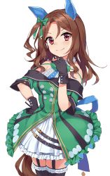 Rule 34 | 1girl, animal ears, bare shoulders, black gloves, blush, bow, breasts, brown eyes, brown hair, chobi (penguin paradise), closed mouth, cowboy shot, dress, frilled thighhighs, frills, garter straps, gloves, green bow, hair between eyes, hair bow, hand on own hip, head tilt, highres, horse ears, horse girl, horse tail, king halo (umamusume), long hair, looking at viewer, medium breasts, simple background, smile, solo, standing, tail, thighhighs, umamusume, v-shaped eyebrows, white background