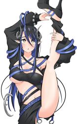 Rule 34 | 1girl, :o, ayumumato99, bandeau, belt, black bandeau, black belt, black footwear, black hair, black jacket, black skirt, blue belt, blue hair, blush, breasts, chest belt, cleavage, collarbone, commentary, curled horns, demon girl, demon horns, demon tail, foot out of frame, grey horns, hair between eyes, hand on own leg, hebiyoi tier, hebiyoi tier (1st costume), high heels, highres, horns, jacket, large breasts, long bangs, long hair, long sleeves, multicolored hair, nanashi inc., navel, off shoulder, open clothes, open jacket, open mouth, pointy ears, sidelocks, simple background, skirt, solo, split, standing, standing on one leg, standing split, tail, two-tone hair, virtual youtuber, white background, yellow eyes