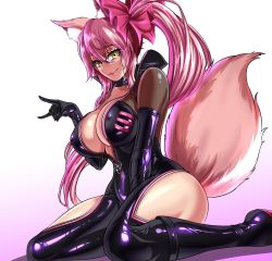 Rule 34 | 1girl, absurdres, animal ear fluff, animal ears, black bodysuit, black gloves, bodysuit, breasts, cleavage, clothing cutout, collarbone, commission, covered erect nipples, fate/grand order, fate (series), fox ears, fox girl, fox shadow puppet, fox tail, glasses, gloves, hair between eyes, hair ribbon, highres, koyanskaya (fate), large breasts, long hair, looking at viewer, no bra, pink hair, pink ribbon, ponytail, ribbon, sidelocks, sitting, skin tight, smile, solo, tail, tamamo (fate), thick thighs, thigh cutout, thighs, very long hair, wariza, yellow eyes, zantyarz