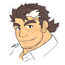 Rule 34 | 1boy, bara, beard stubble, facial hair, jaw, looking at viewer, low ponytail, male focus, masa (mshk s), mature male, mononobe kyoma, multicolored hair, muscular, muscular male, portrait, shirt, sideburns, simple background, smile, solo, streaked hair, stubble, thick eyebrows, three quarter view, tokyo houkago summoners, twitter username, white background, white hair, white shirt