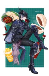 Rule 34 | 1girl, androgynous, apple, arm support, armor, black cape, black gloves, black hair, black hat, black pants, border, bottle, breastplate, bun (food), cape, chili pepper, commentary, cup, curry, drinking glass, ear piercing, earrings, eating, expressionless, final fantasy, final fantasy xiv, food, from side, fruit, full body, gloves, greaves, green background, grey eyes, hat, hat feather, holding, holding food, holding fruit, invisible chair, jewelry, knee pads, knee up, looking at viewer, open mouth, outside border, pants, pauldrons, piercing, plate, profile, reaper (final fantasy), reverse trap, short hair, shoulder armor, signature, simple background, sitting, smoothie, solo, symbol-only commentary, tk (tksnim), tricorne, twitter username, white border, zero (ff14)