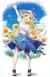 Rule 34 | 1girl, :o, absurdres, arm up, bang dream!, bare shoulders, black footwear, blonde hair, blue bow, blue sarong, blush, bow, breasts, carmen kiruya, crop top, day, field, flower, flower field, full body, hat, hat bow, head tilt, highres, leaning to the side, long hair, looking at viewer, medium breasts, midriff, navel, no socks, open mouth, outdoors, round teeth, sandals, sarong, short sleeves, sidelocks, solo, standing, stomach, sunflower, sunflower field, tank top, teeth, tsurumaki kokoro, waving arm, white hat, white tank top, yellow eyes