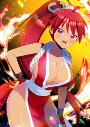 Rule 34 | 1girl, :d, ahoge, android, bloodberry, blush, breasts, cleavage, collarbone, commentary request, commission, cosplay, fang, fatal fury, fire, groin, hair between eyes, kou hiyoyo, large breasts, leaning forward, long hair, looking at viewer, open mouth, pelvic curtain, ponytail, red eyes, red hair, saber marionette j, shiranui mai, shiranui mai (cosplay), skeb commission, smile, solo, very long hair