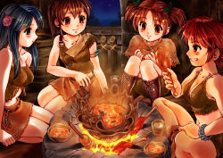 Rule 34 | 4girls, blue hair, brown hair, character request, copyright request, fire, food, jomon period, long hair, meat, midriff, multiple girls, night, pizza man, red hair, sitting, tagme