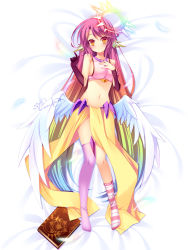 Rule 34 | 10s, 1girl, angel wings, asymmetrical legwear, bed sheet, blush, book, breasts, spiked halo, dakimakura (medium), feathered wings, feathers, full body, gloves, gradient hair, grandia bing, halo, jibril (no game no life), long hair, looking at viewer, low wings, lying, magic circle, medium breasts, midriff, mismatched legwear, multicolored eyes, multicolored hair, navel, no game no life, on back, orange eyes, pink hair, sideboob, smile, solo, tattoo, thighhighs, third-party source, very long hair, white wings, wing ears, wings, yellow eyes