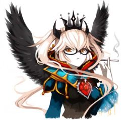 Rule 34 | 1girl, blonde hair, cigarette, cigarette holder, crown, glasses, long hair, lowres, orange eyes, queen, signomi, smoking, solo, twintails, wings