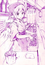 Rule 34 | 1girl, animal ears, bottle, female focus, food stand, graphite (medium), grill, japanese clothes, monochrome, mystia lorelei, okamisty, short hair, sketch, sleeves rolled up, solo, tasuki, touhou, traditional media, vent arbre, wings