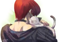 Rule 34 | 1boy, animal, animal focus, animal on shoulder, cat, choker, dated, from behind, male focus, petting, red hair, shichii jurio, signature, solo, the king of fighters, twitter username, yagami iori