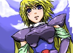 Rule 34 | 1girl, armor, blonde hair, blue eyes, breasts, cape, faye, female focus, final fantasy, final fantasy mystic quest, outdoors, short hair, shoulder pads, sky, solo