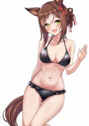Rule 34 | alternate costume, animal ears, arm behind back, blush, breasts, brown hair, cleavage, clover hair ornament, collarbone, fine motion (umamusume), folded ponytail, green eyes, hair between eyes, hair ornament, herohero (higashi no dou), highres, horse ears, horse girl, horse tail, medium breasts, simple background, swimsuit, tail, thighs, umamusume, white background